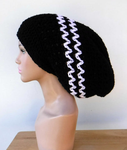 Long black white slouchy large Tam Dreadlock Hippie Beanie Dread Hat handmade crochet unisex